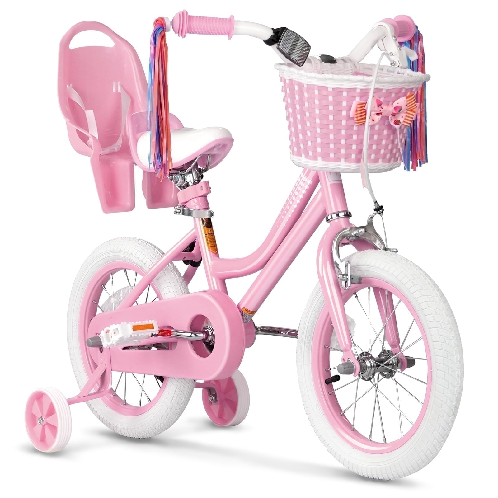 XJD Girls Bike for Toddlers 3-9 Years Old Kids, 16 Inch Kids Bike with Training Wheels, Streamers, Basket and Doll Seat, Children Bicycles with Handbrake